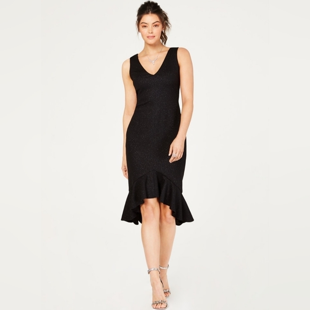 Vince Camuto Flounce-Hem Black Midi Dress